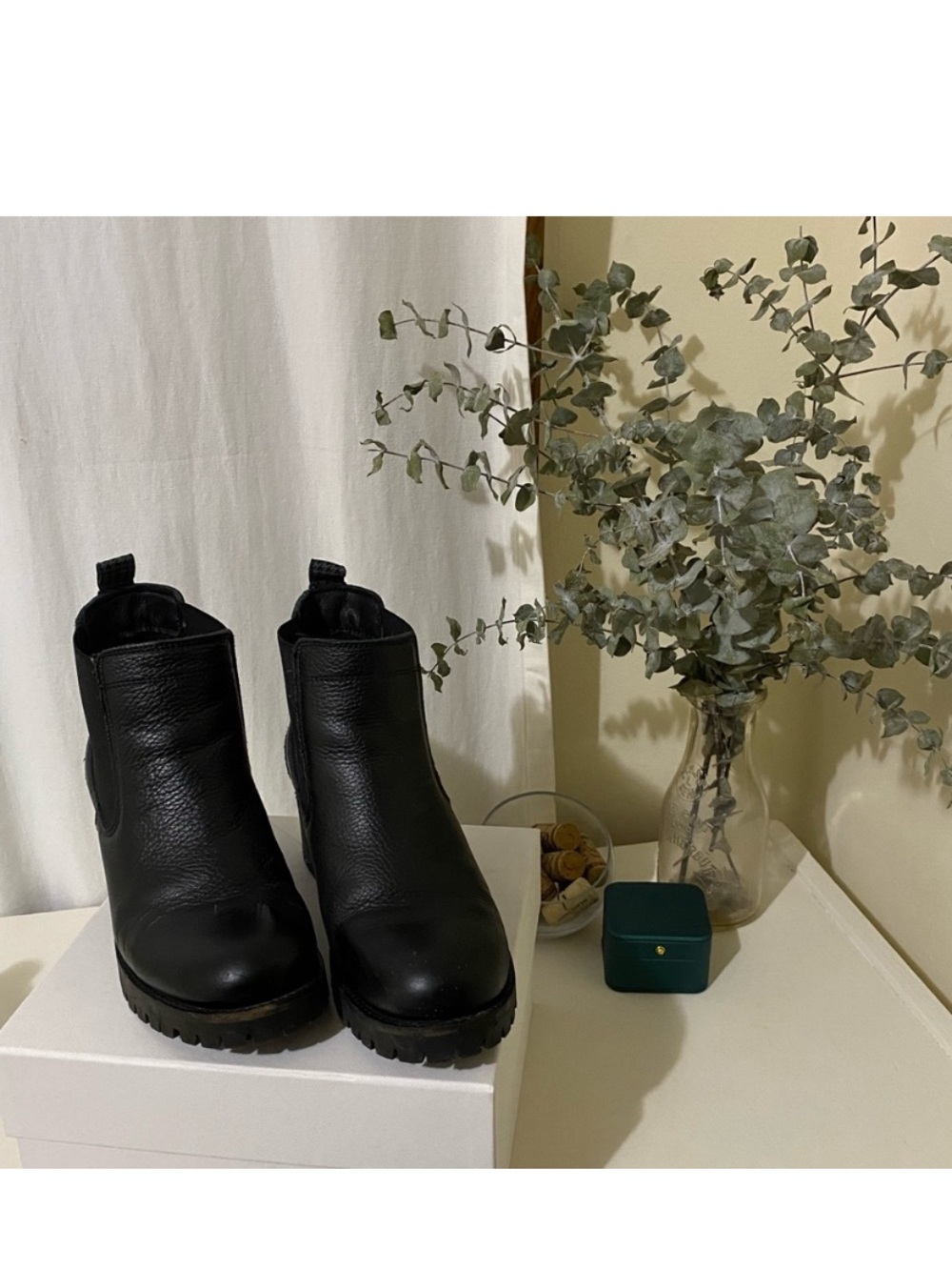 Women's Black Leather Chelsea Booties with Lug Sole